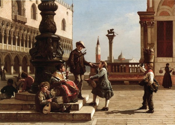 Young Musicians in Piazza San Marco, Venice by Antonio Paoletti - Hand-Painted Oil Painting Reproduction