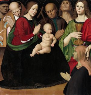 The Holy Family with Four Saints and a Female Donor by Antonio Rimpatta Oil Painting