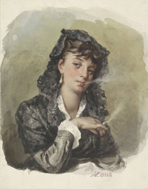 Jonge vrouw met een sigaret by Antonio Zona Oil Painting