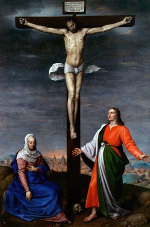 La obra muestra a Jesucristo crucificado junto a la Virgen Maria y San Juan Evangelista by Antonis Mor Oil Painting
