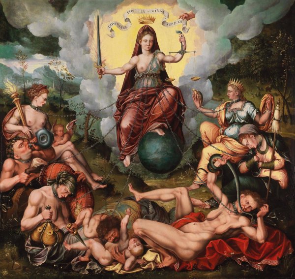 Main Product Photo of Justitia Vanquishes The Seven Capital Sins Painting by Antoon Claeissens