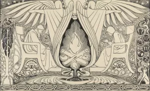 Ornamentale voorstelling van man en vrouw aan weerszijden van een haardvuur by Antoon Derkinderen Oil Painting