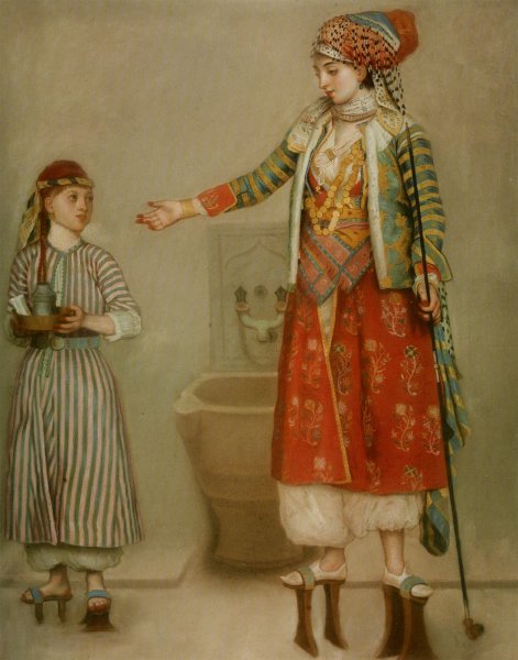 Main Product Photo of A Lady in Turkish Costume with Her Servant at the Hammam Painting by Etienne Liotard