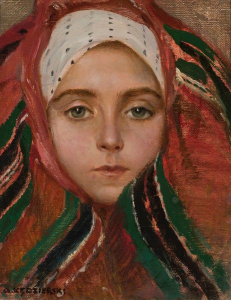 Head of a young woman from lowicz  by Apoloniusz Kedzierski - Hand-Painted Oil Painting Reproduction
