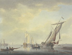 Am Strande liegen Barken, ein Boot mit vielen Personen, worunter einiges Militar, fahrt dem Lande zu by Arie Lamme Oil Painting