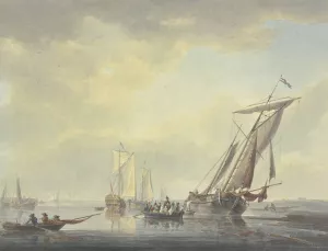 Am Strande liegen Barken, ein Boot mit vielen Personen, worunter einiges Militar, fahrt dem Lande zu by Arie Lamme Oil Painting