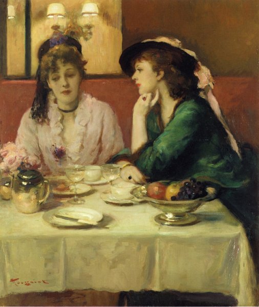 Confidences au Dejeuner by Armand Toussaint - Hand-Painted Oil Painting Reproduction