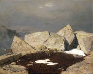High Mountain Landscape With Chamois by Arnold Bocklin Oil Painting