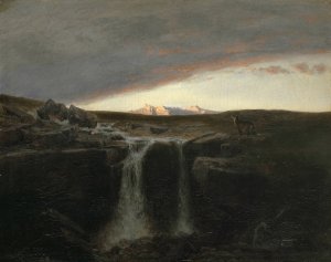 Mountain Landscape with Waterfall by Arnold Bocklin Oil Painting
