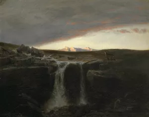 Mountain Landscape with Waterfall by Arnold Bocklin Oil Painting