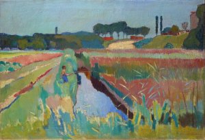 Marshland Near Neudorf With Fishing Boy by Arnold Fiechter Oil Painting