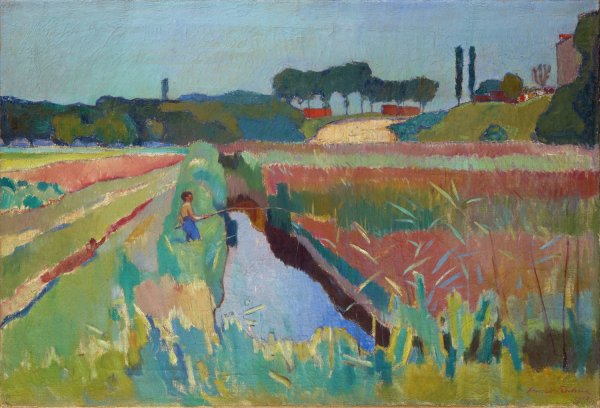 Marshland Near Neudorf With Fishing Boy  by Arnold Fiechter - Hand-Painted Oil Painting Reproduction
