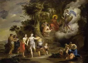 Pallas Athene Visiting Apollo on the Parnassus by Arnold Houbraken - Oil Painting Reproduction