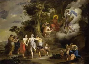 Pallas Athene Visiting Apollo on the Parnassus painting by Arnold Houbraken