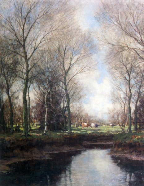 Main Product Photo of Cows Grazing Along a Stream Painting by Arnold Marc Gorter