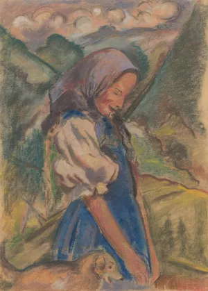 Girl with a Dog in a Landscape by Arnold Peter Weisz-Kubincan Oil Painting