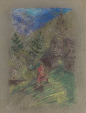 Woman with a Child in front of Cottages by Arnold Peter Weisz-Kubincan Oil Painting