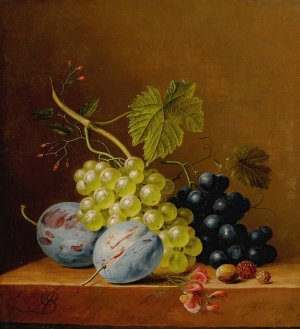 Grapes, plums, raspberries, flowers and an acorn on a wooden ledge by Arnoldus Bloemers Oil Painting