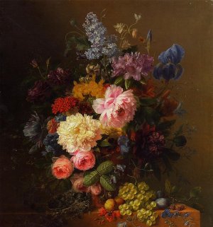 Peonies, Roses, Irises, Lilies, Lilac and Other Flowers in a Vase on a Ledge Laden with Fruit
