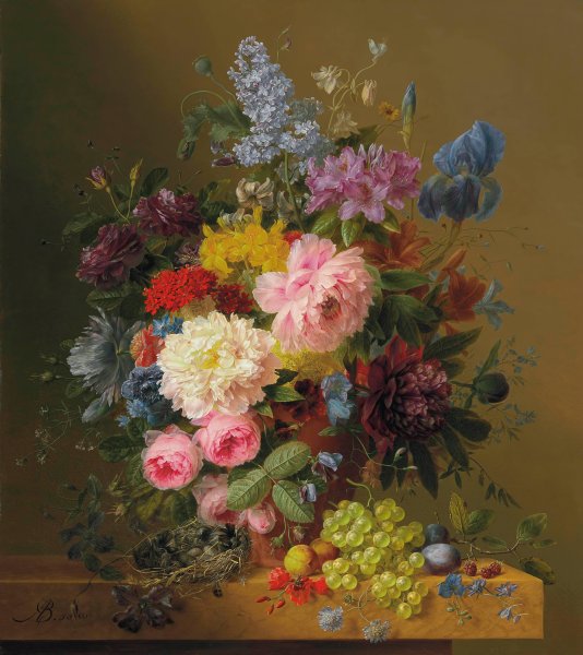 Peonies, Tulips, Roses, Irises and other Flowers with Fruit and a Bird's Nest on a Marble Ledge  by Arnoldus Bloemers - Hand-Painted Oil Painting Reproduction