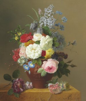 Roses, Poppies, Cornflowers, Convulvulus, Jasmine, Fritilleries, a Primula, a Peony, and Lilac in a Terracotta Vase with a Sprig of Roses and other Flowers on a Stone Ledge by Arnoldus Bloemers Oil Painting