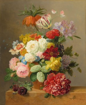 Still life with roses, peonies, tulips, narcissi, convulvulus and others in a vase on a marble ledge by Arnoldus Bloemers Oil Painting