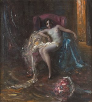 Female nude in armchair by Arnulf De Boucher Oil Painting