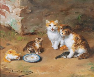Cat Family by Arthur-Alfred Brunel De Neuville Oil Painting