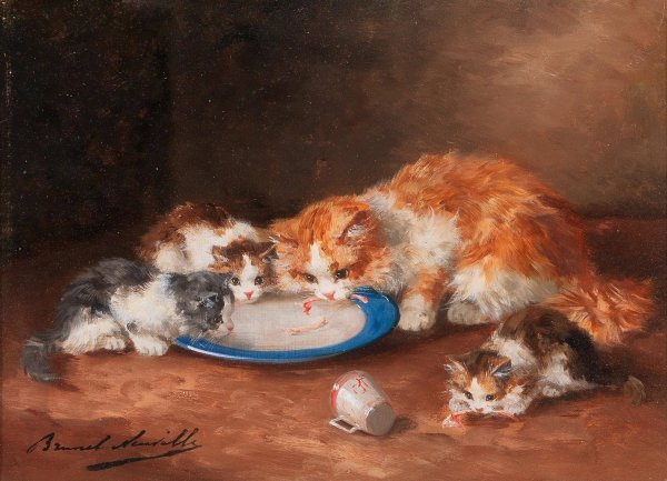 Mother Cat with Three Kittens by Arthur-Alfred Brunel De Neuville - Hand-Painted Oil Painting Reproduction