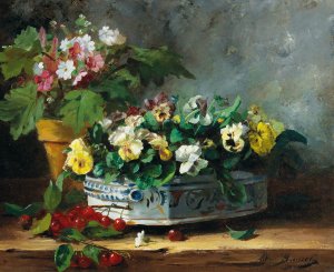 Neuville, Pansies And Primroses by Arthur-Alfred Brunel De Neuville Oil Painting