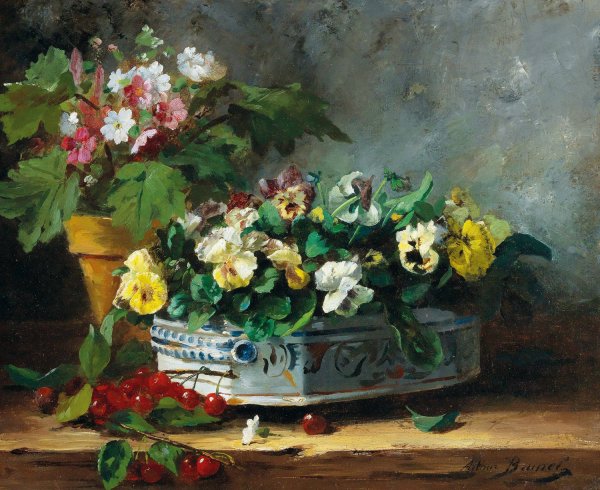 Neuville, Pansies And Primroses by Arthur-Alfred Brunel De Neuville - Hand-Painted Oil Painting Reproduction