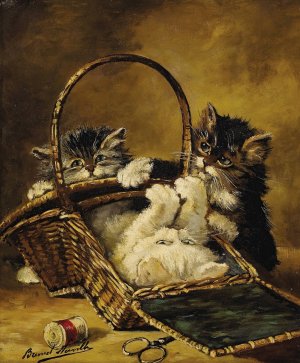Three Kittens Playing in a Sewing Basket by Arthur-Alfred Brunel De Neuville Oil Painting