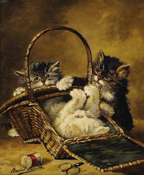 Three Kittens Playing in a Sewing Basket by Arthur-Alfred Brunel De Neuville - Hand-Painted Oil Painting Reproduction