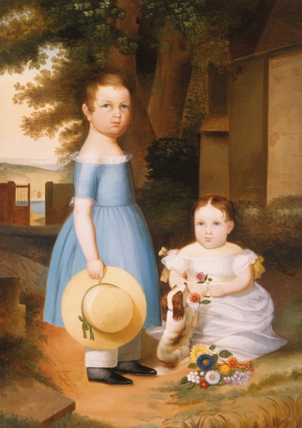 Two Sisters with Puppy and Flowers   by Arthur Armstrong - Hand-Painted Oil Painting Reproduction