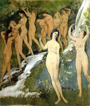 Ten Nudes by a Waterfall Oil painting by Arthur B. Davies