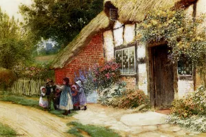 Children Playing Outside a Cottage by Arthur Claude Strachan Oil Painting