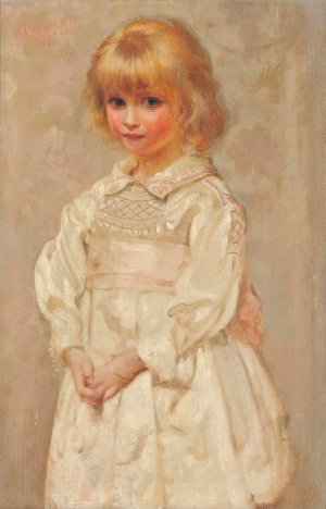 Portrait Of A Young Girl In A Pink And White Smock Dress by Arthur Dampier May Oil Painting