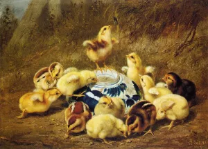 Chicks and Delft Bowl by Arthur Fitzwilliam Tait - Oil Painting Reproduction