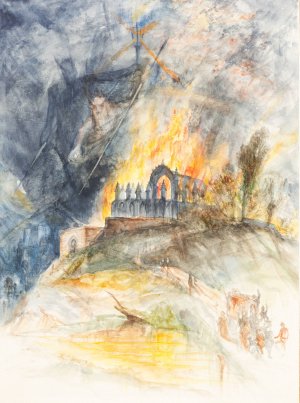 An Ecclesiastic Building in Flames with Demons Above by Arthur Frederick Payne Oil Painting
