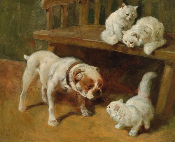 Dog and Cats by Arthur Heyer - Hand-Painted Oil Painting Reproduction