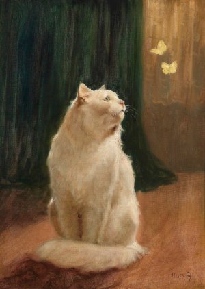 Weise Katze und zwei Zitronenfalter by Arthur Heyer Oil Painting
