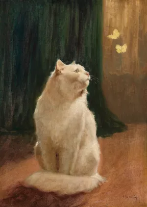 Weise Katze und zwei Zitronenfalter by Arthur Heyer Oil Painting