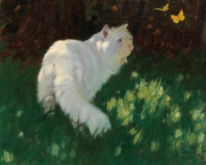 White Cat and Butterflies by Arthur Heyer Oil Painting
