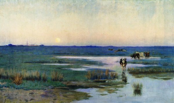 Main Product Photo of Sunset Marshands Painting by Arthur Hoeber