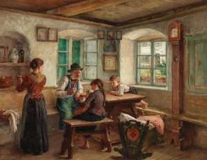 Idyllic Family Scene in the Parlour by Arthur Hutschenreuther Oil Painting