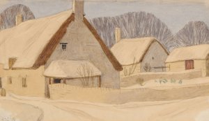 Cottages in Snow by Arthur Joseph Gaskin Oil Painting