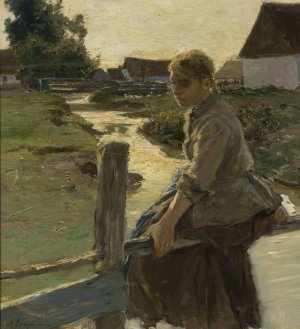 Girl at a creek by Arthur Langhammer Oil Painting