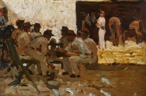 Stable boy with fez, soldiers seated, Morocco by Arthur Melville Oil Painting