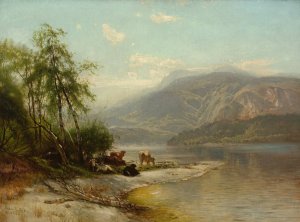 Cows Watering at River's Edge by Arthur Parton Oil Painting