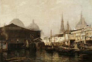 North River Pierhead by Arthur Quartley Oil Painting